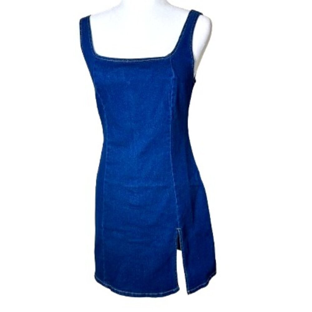 NWT SHEIN Petite Medium Stretch Denim Jeans Jean Mini Dress with Slit